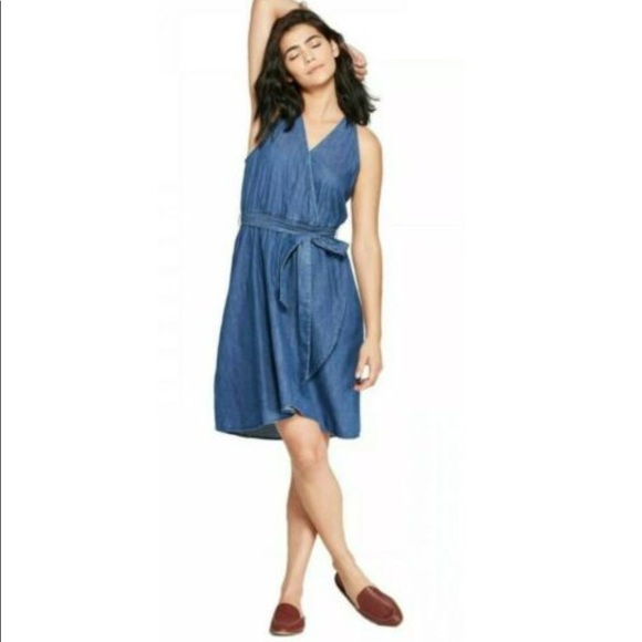 Universal Thread Denim Chambray Dress Large Blue Elastic Waist Sleeveless - Picture 1 of 6